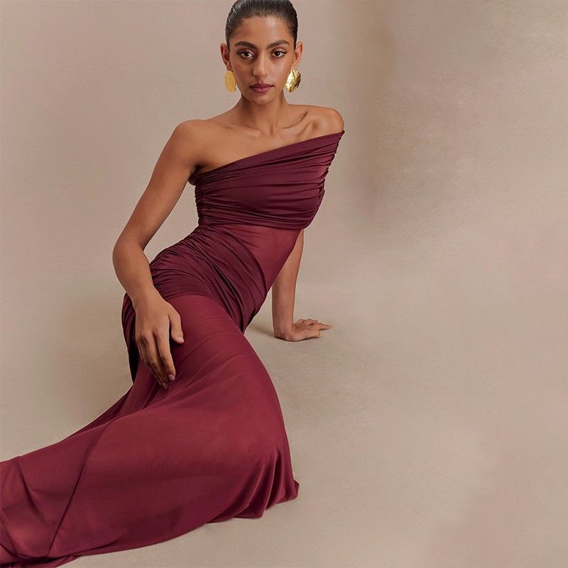 Abito bustier con pannello in rete trasparente e vita arricciata - Gonna midi fluida per donna, abbigliamento casual e per feste estive_voghion.com