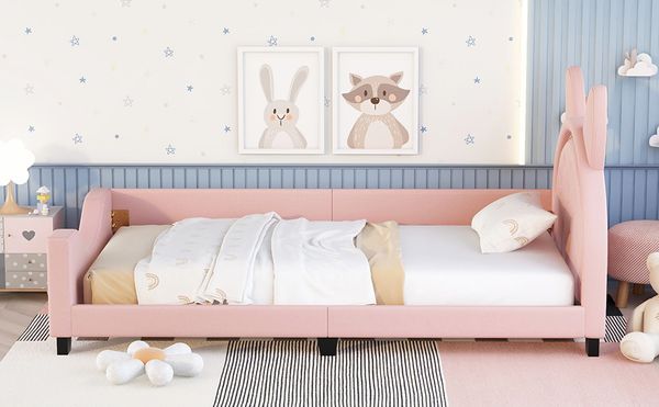 Twin Size Upholstered Daybed With Carton Ears Shaped Headboard_voghion.com