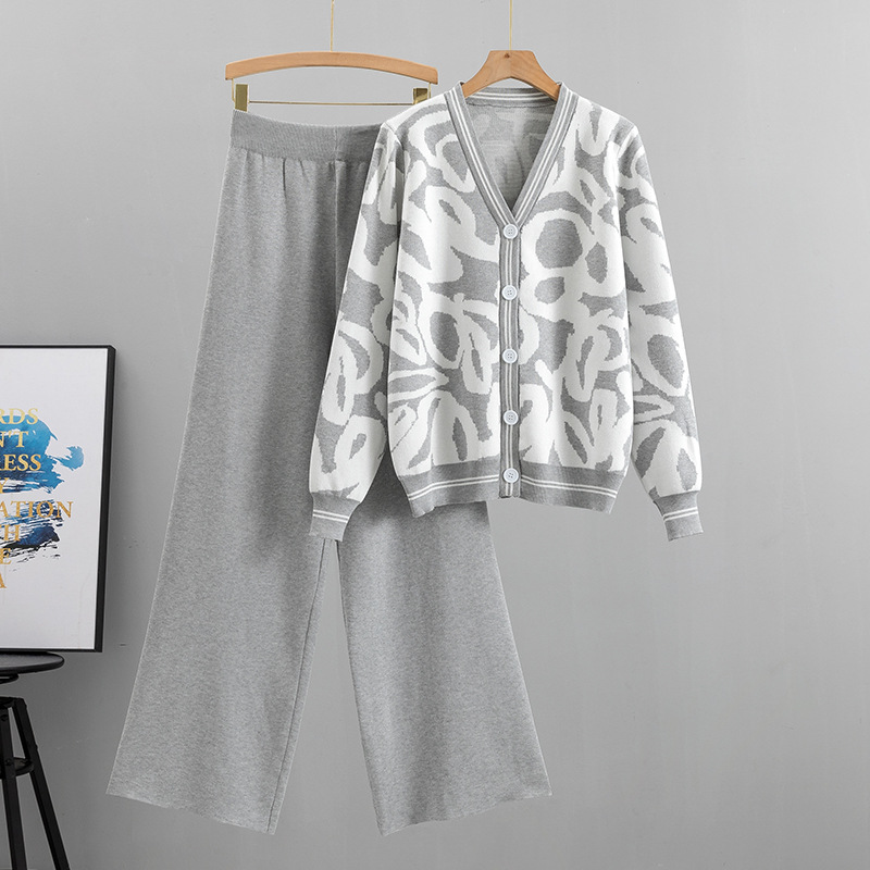 Maglione cardigan lavorato a maglia da donna, pantaloni larghi a gamba larga, completo di moda a due pezzi_voghion.com