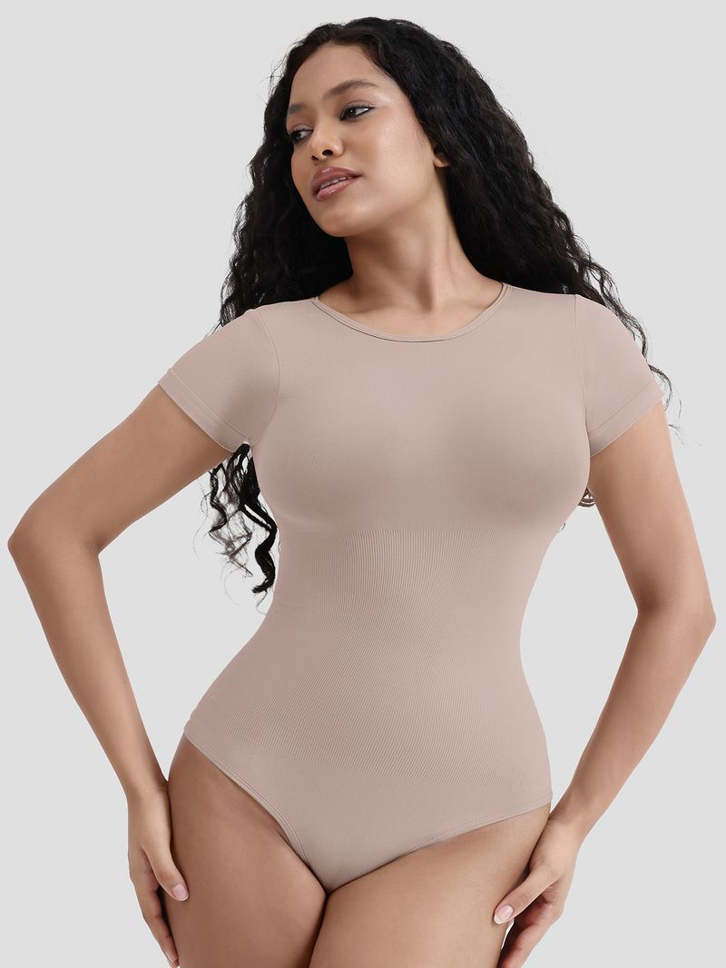 vêtements de mise en forme du corps vêtements de mise en forme du corps corps entier forte pression poitrine vêtements amincissants vêtements d'extérieur serrés couleur unie à manches courtes haut une pièce_voghion.com