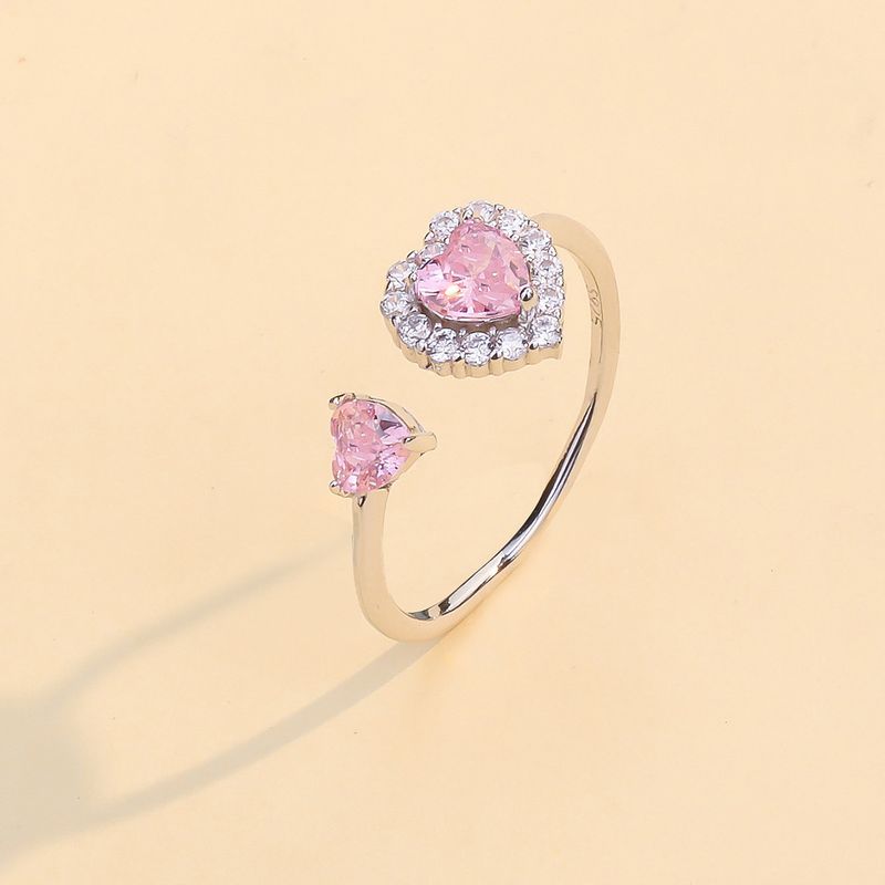 S925 Silverring Kvinna Enkel Rosa Kärleksring Hjärta Söt Justerbar Ring Öppen Ring Zirkonsmycken_voghion.com
