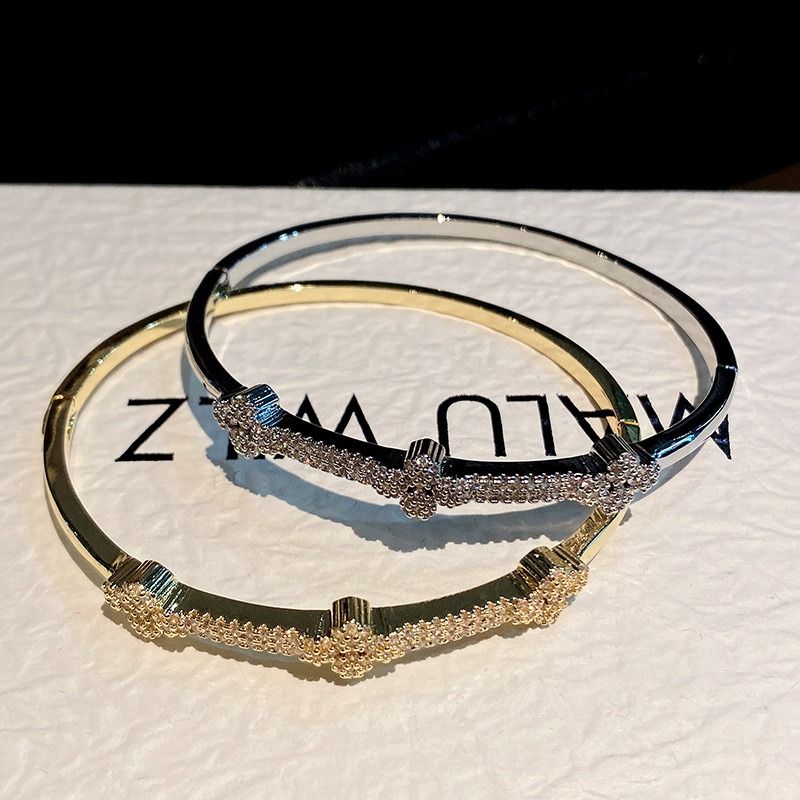 Gold & Rose Gold Plated Clover Cuff Bracelet Set, Cubic Zirconia Pave Statement Bracelets, Luxury Evening & Daily Jewelry_voghion.com