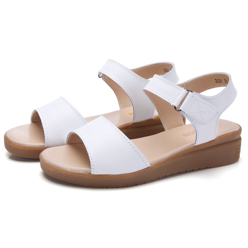 Summer Cowhide Wedge Women's Korean Fashion Velcro Beach Sandals, One-piece Mid Heeled Mom Sandals_voghion.com