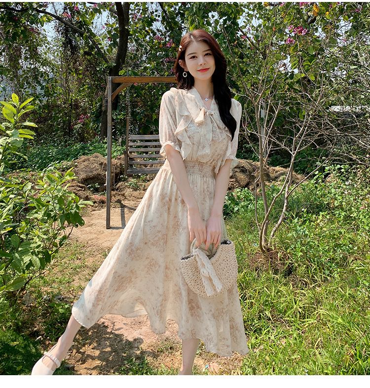 Sommer-Neues süßes Chiffonkleid mit Rüschen, Göttinnen-Abnehmen und reines Verlangen, floraler, sanfter französischer Stil_voghion.com