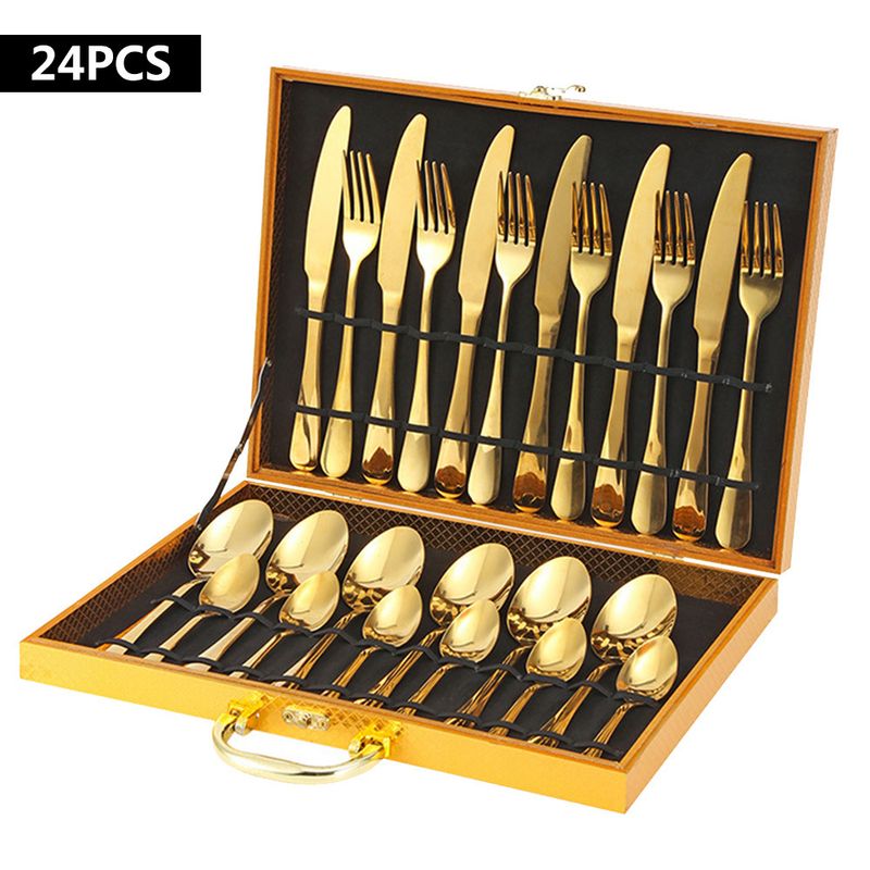 Edelstahlbesteck 1010 Western Steakmesser Gabel Dessertlöffel 24-teiliges Geschenkbox-Set_voghion.com