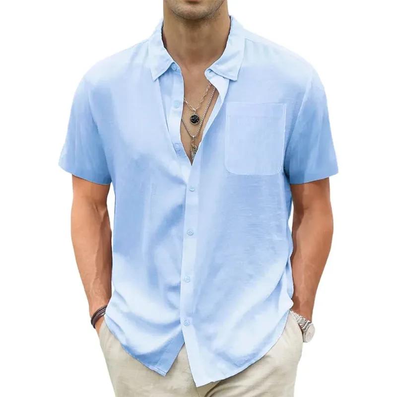 Camisas leves de algodão havaiano, linho, respirável, manga curta, férias, praia, casual, verão, masculinas, tops com bolso_voghion.com