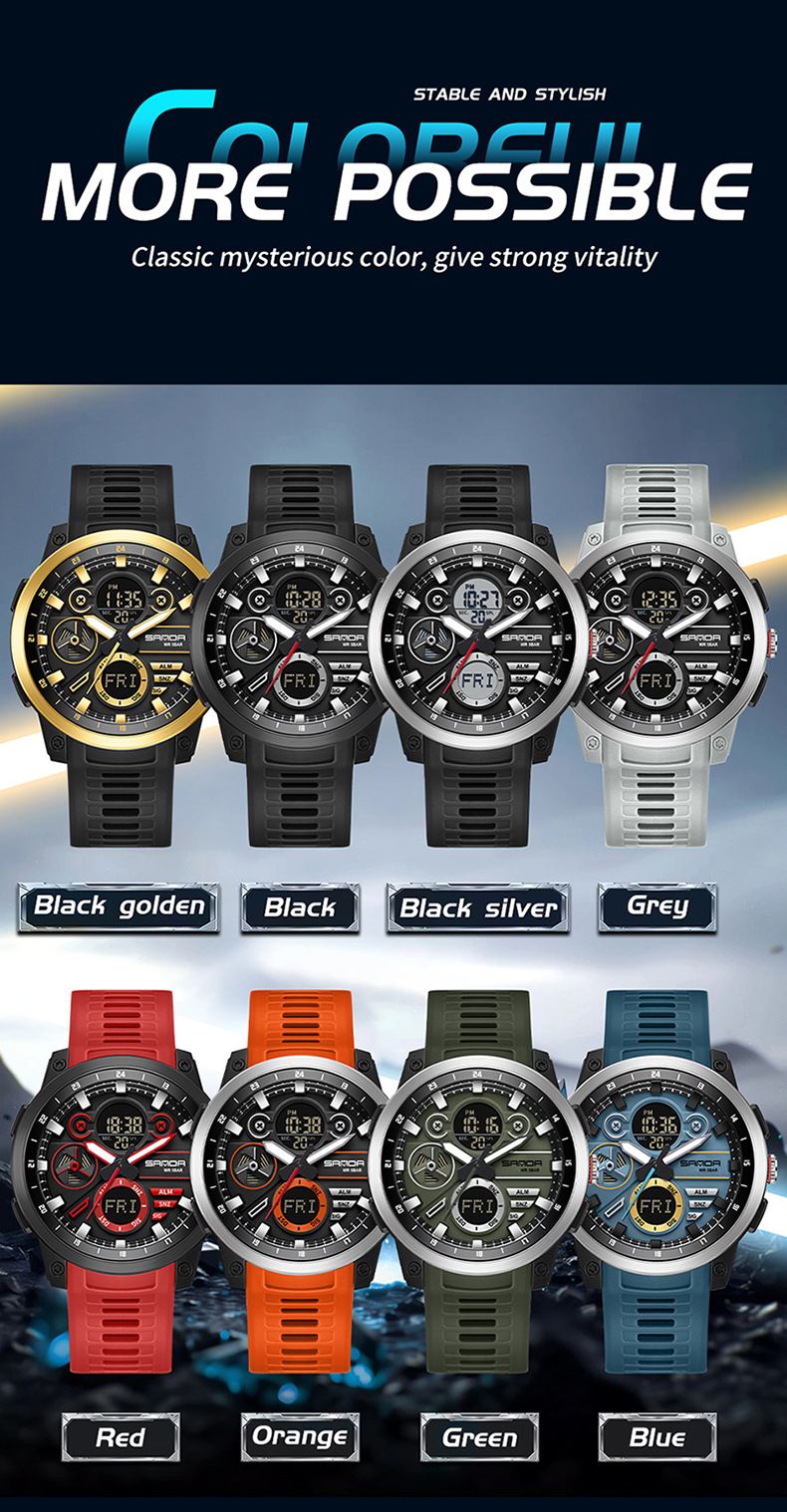Men's Digital Analog Watch With Alarm, Timer, Dual Time, Waterproof 50m, LED Backlight, Sports & Casual Style Countdown, Dual Time_voghion.com