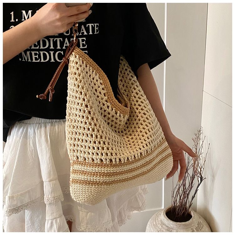 Borsa di paglia intrecciata, borsa in stile festivo, borsa a tracolla in maglia cava alla moda da donna, borsa tote da pendolare di grande capacità_voghion.com