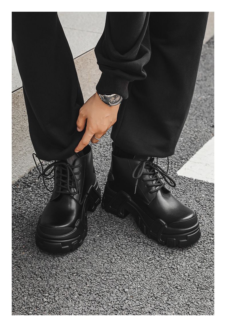 Men's Commuter Big Head Casual Leather Shoes, High Sense Of Heightening, Round Head Martin Boots_voghion.com