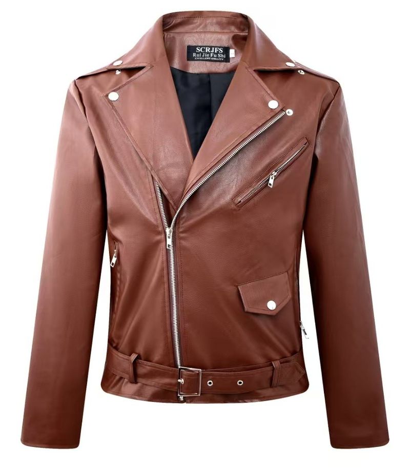Giacca casual da uomo slim fit in pelle PU tinta unita con cerniera diagonale, cintura regolabile, antivento, per l'uso quotidiano_voghion.com