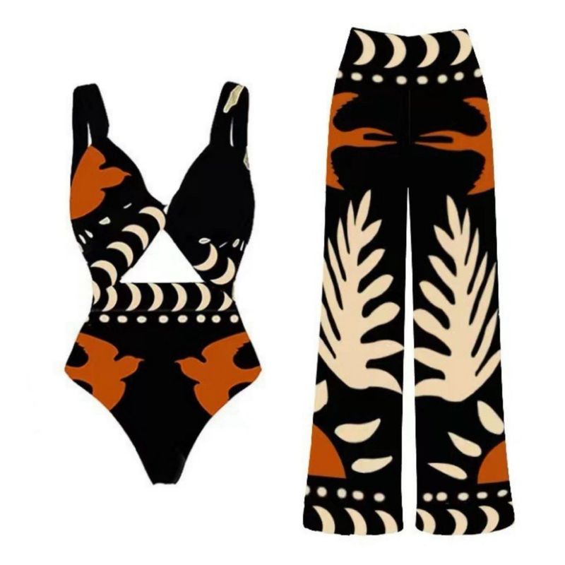 Damesbadpak retro bedrukte mesh-broek conservatieve badpakbikini_voghion.com