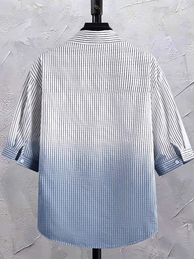 2025 Summer Vertical Striped Texture Label High-end Feel Five-point Short Sleeve Shirt Men's Casual Simple_voghion.com