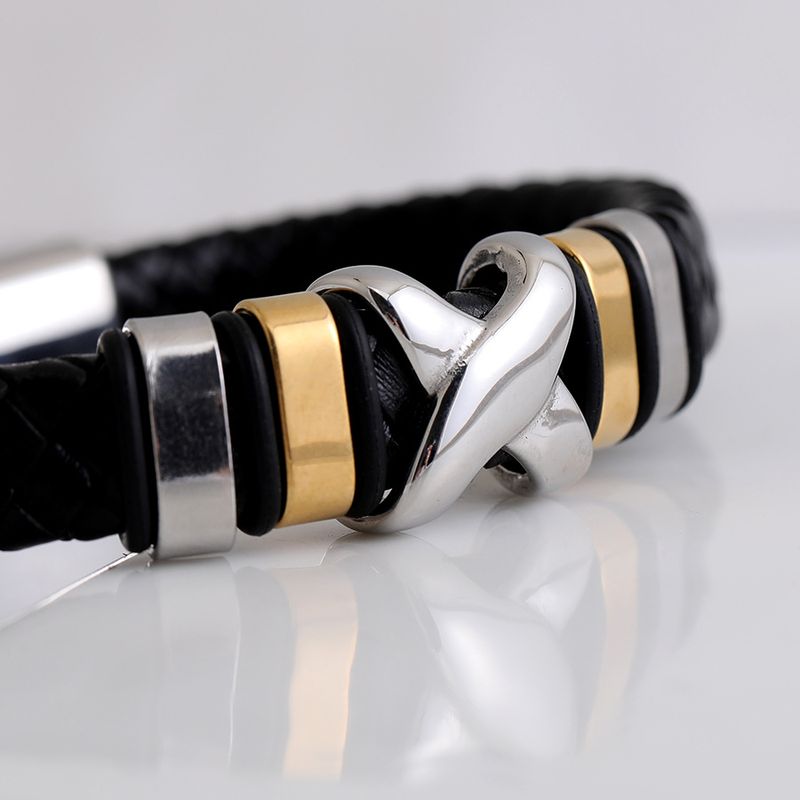 Stainless Braided Rock Style Men's Titanium Steel Bracelet X Leather Wristband_voghion.com