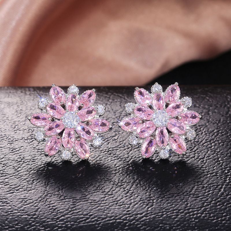 Cao Shis neue Luxus-Sonnenblumen-Doppel-Zirkon-Damenohrringe, modische Damen-Ohrringe aus Kupfer, Accessoires_voghion.com