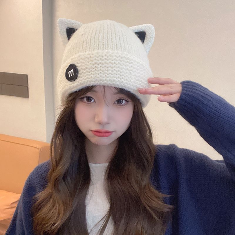 Cappello lavorato a maglia con orecchie di gatto da ragazza dei cartoni animati, carino, casual, versatile, in lana, con protezione per le orecchie in peluche e cappello caldo_voghion.com