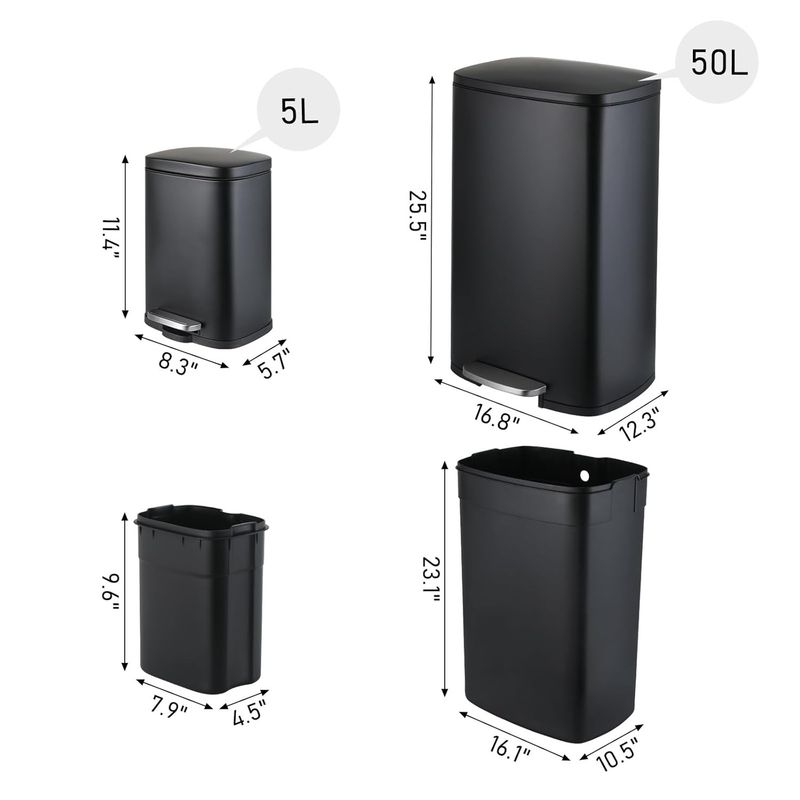 50L+5L Step Trash Can Combo Set Stainless Kitchen Garbage Can With Lid Softclose_voghion.com
