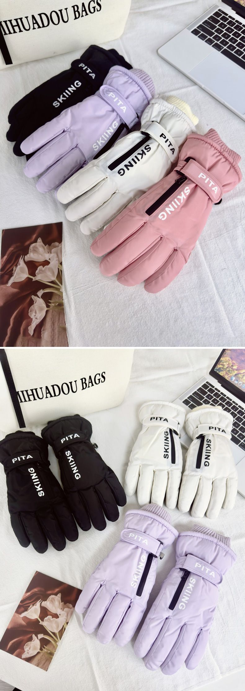 Guanti da sci touchscreen a palmo intero da donna in pile con cerniera spessa, per ciclismo invernale, bici elettrica, antifreddo e antivento_voghion.com