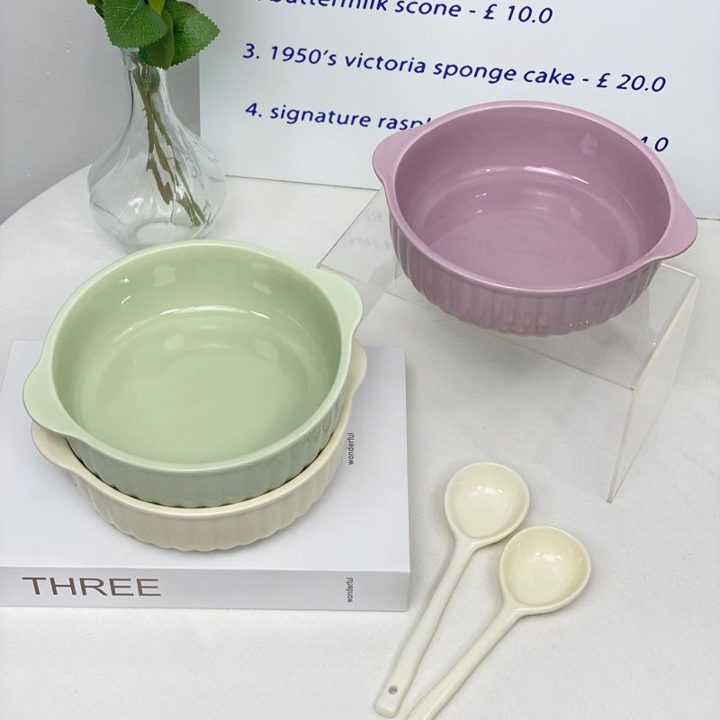 【 2-piece Set 】 Cream 7.5-inch Double Ear Ceramic Salad Bowl, Underglaze Color, Student Cute, Home Large_voghion.com