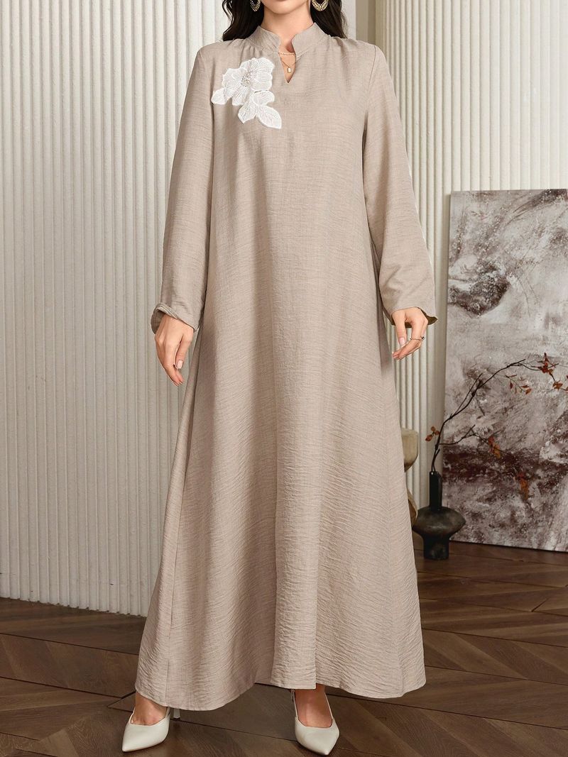AB185 Abaya Muslim Long Sleeve Cotton Linen Elegant Embroidered Dress Solid Color Loose Fit Large Robe_voghion.com