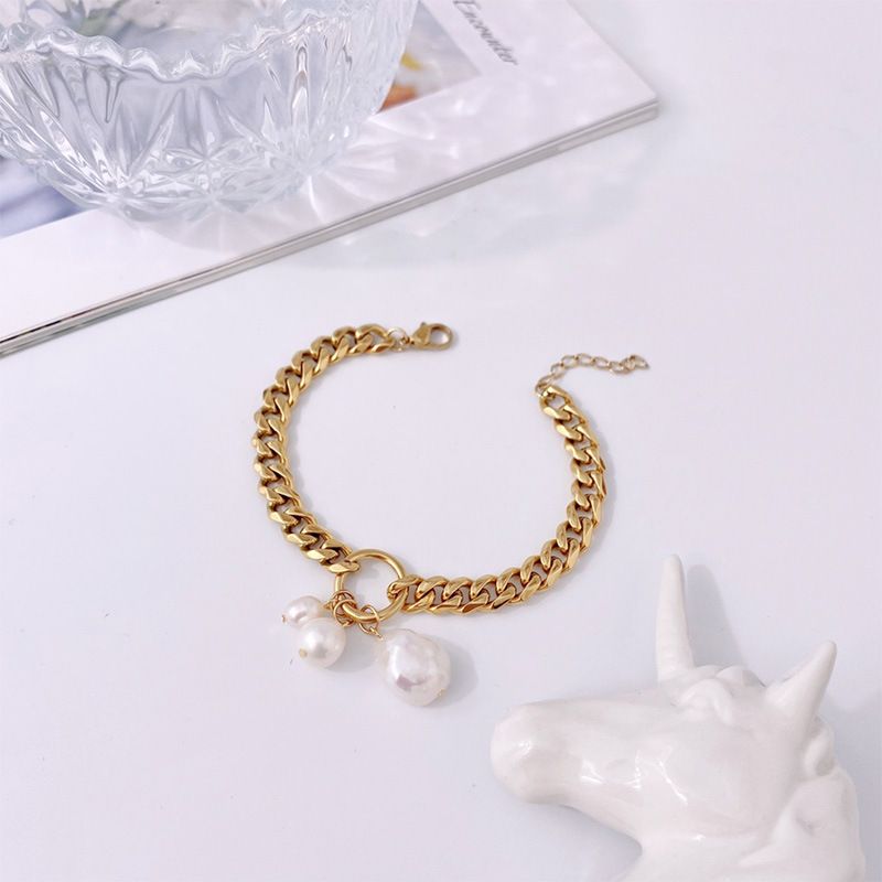 Ensemble de bijoux pour femmes, bijoux tendance en acier titane, style neutre, bague plaquée or, bracelet épais en métal avec perles de forme spéciale_voghion.com