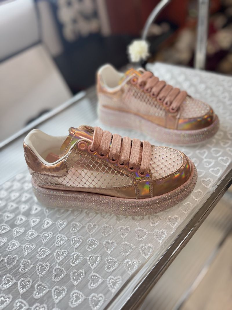 Sneakers con strass - Tomaia in mesh traspirante e glitter, comode scarpe basse con punta tonda per abbigliamento casual, scarpe da passeggio leggere estive_voghion.com