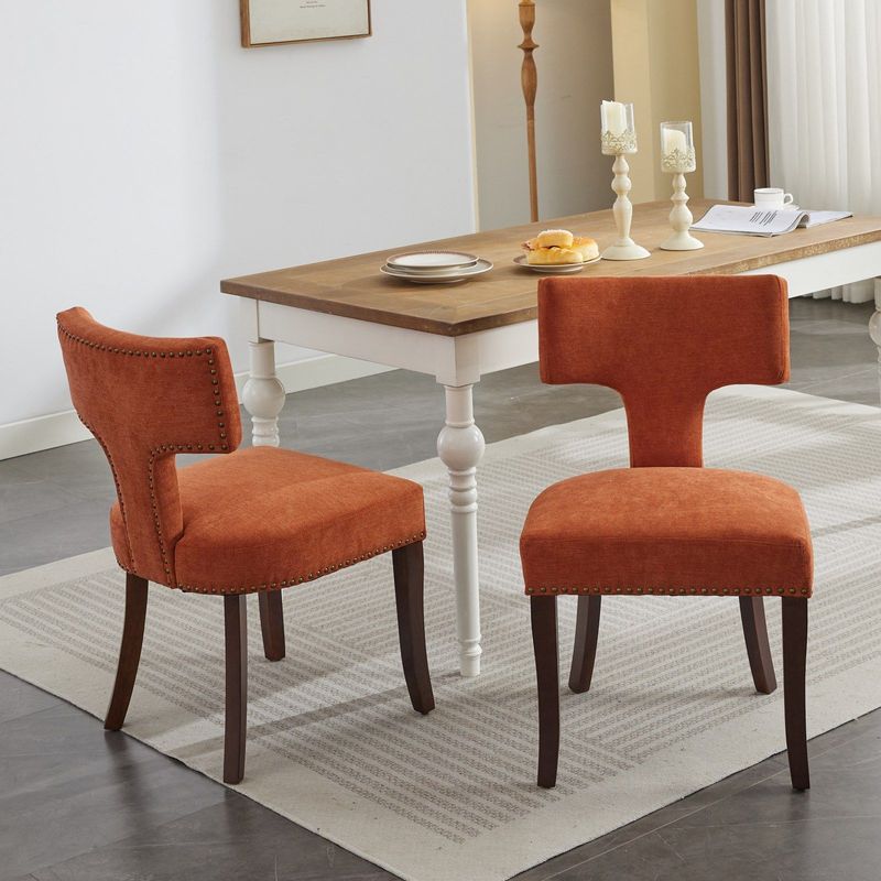 Set Of 2 Mid Century Modern Dining Chairs, Upholstered Farmhouse Accent Chairs With Curved Backrest And Copper Nail Trim, Hardwood Frame, Orange Linen Fabric_voghion.com