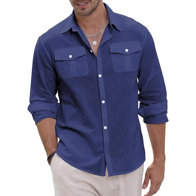 Herren Leinen Button Down Sommer Strand Casual Einfarbig Baumwolle Langarmhemd Tops_voghion.com