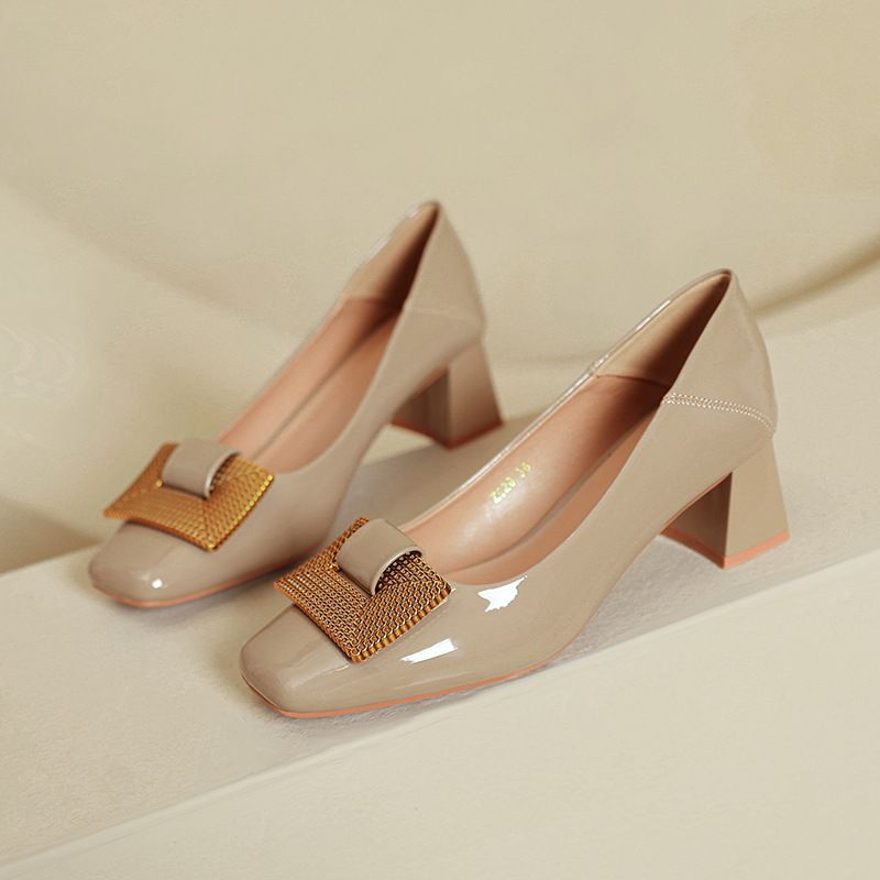 Chunky High Heels Comfortable 2025 New Red Wedding Mid Heel Spring Autumn Women's Patent Leather Square Toe Shallow_voghion.com