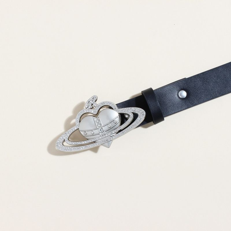 Cintura Saturn in stile Vivienne - Fibbia con logo color argento | Cinturino in pelle PU nera da 1,5" di larghezza | Cinturino unisex alla moda punk (regolabile da 28 a 42 pollici)_voghion.com