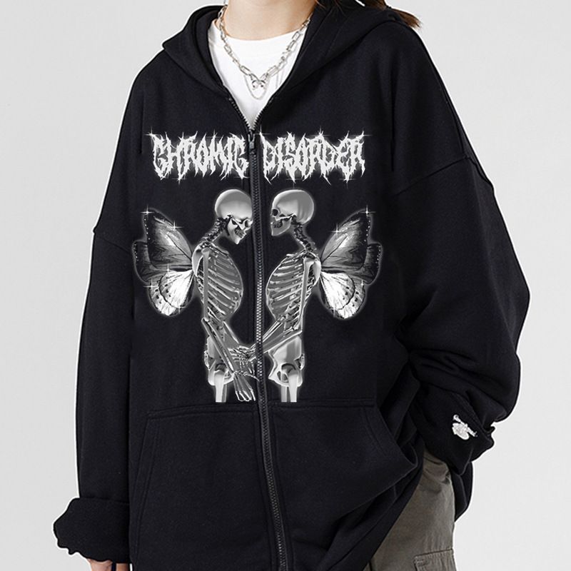 Felpa con cappuccio e cerniera nera da donna, con teschio e farfalla, stile street hip hop, con toppa in osso di ragno e strass, giacca Y2K_voghion.com