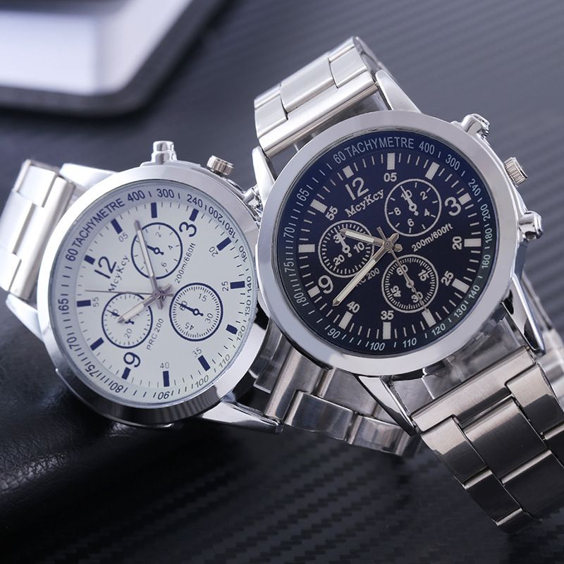 Bunte blaue Lichtglas drei Augen Stahlband Quarz Geschenk Herrenuhr_voghion.com