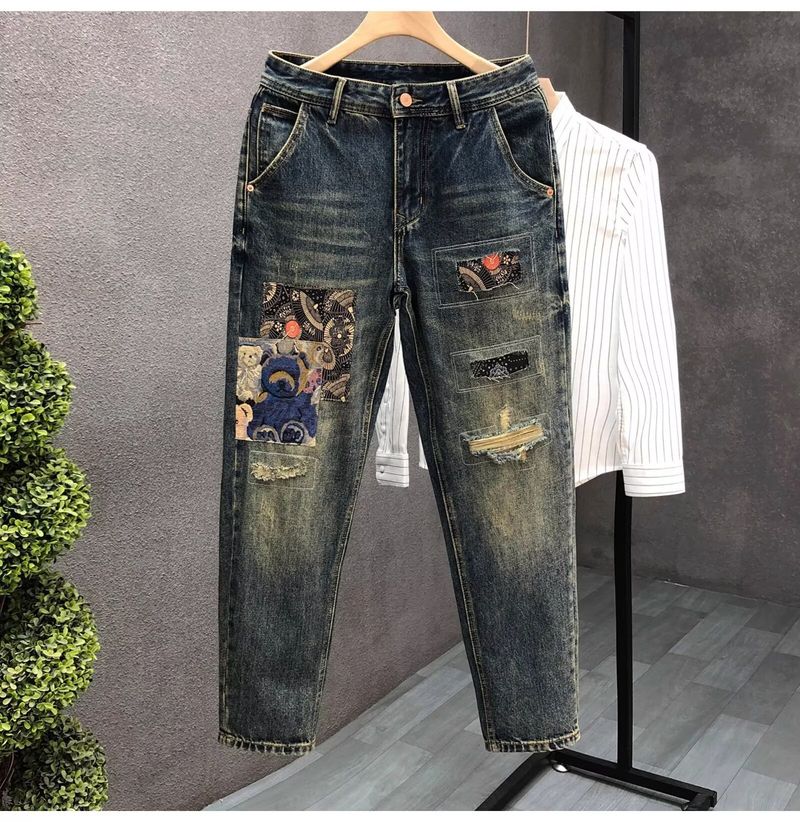 Vīriešu apģērbi High street modes zīmols retro hole džinsi brīvi harēms vīriešu pavasaris un rudens jauns personības trends patch bikses vīriešiem_voghion.com