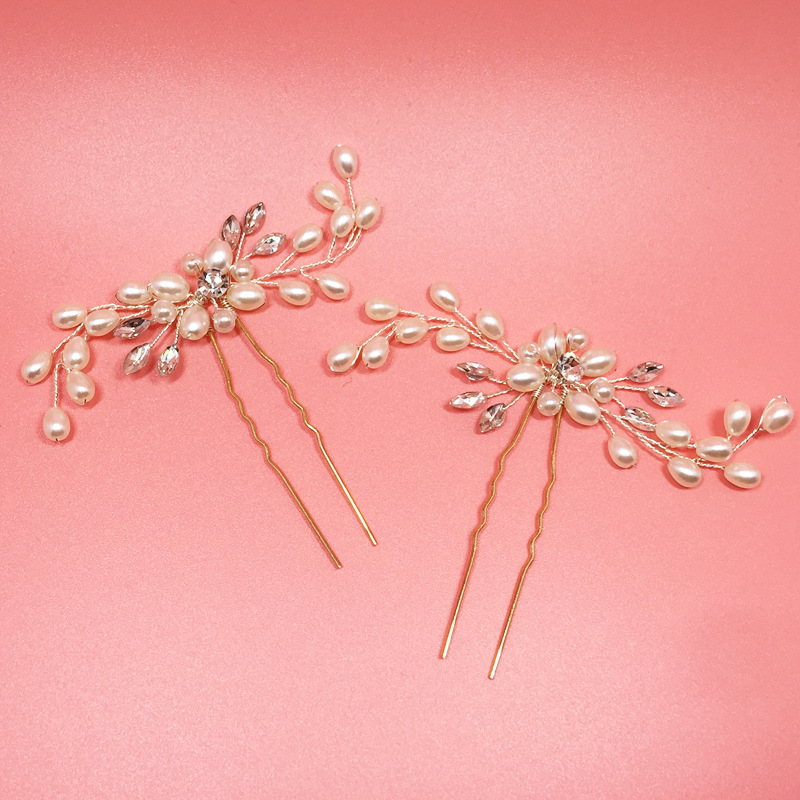 Ebay cross-border supply Korean bridal handmade pearl crystal hairpin pin U-shaped clip wedding headwear_voghion.com