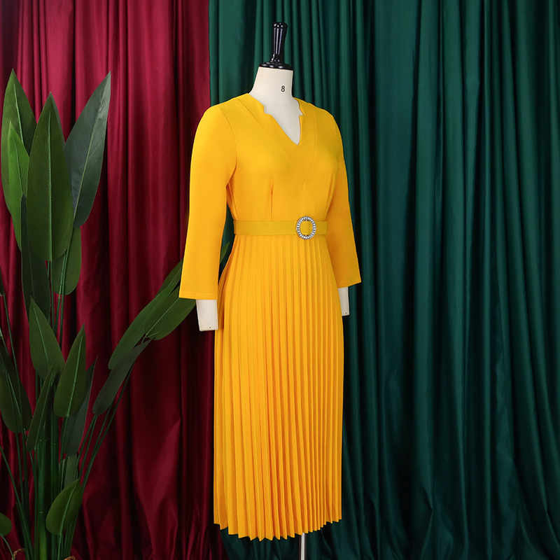 Damen 2024 Herbst neues V-Ausschnitt modisches Temperament elegantes Faltenrockkleid_voghion.com