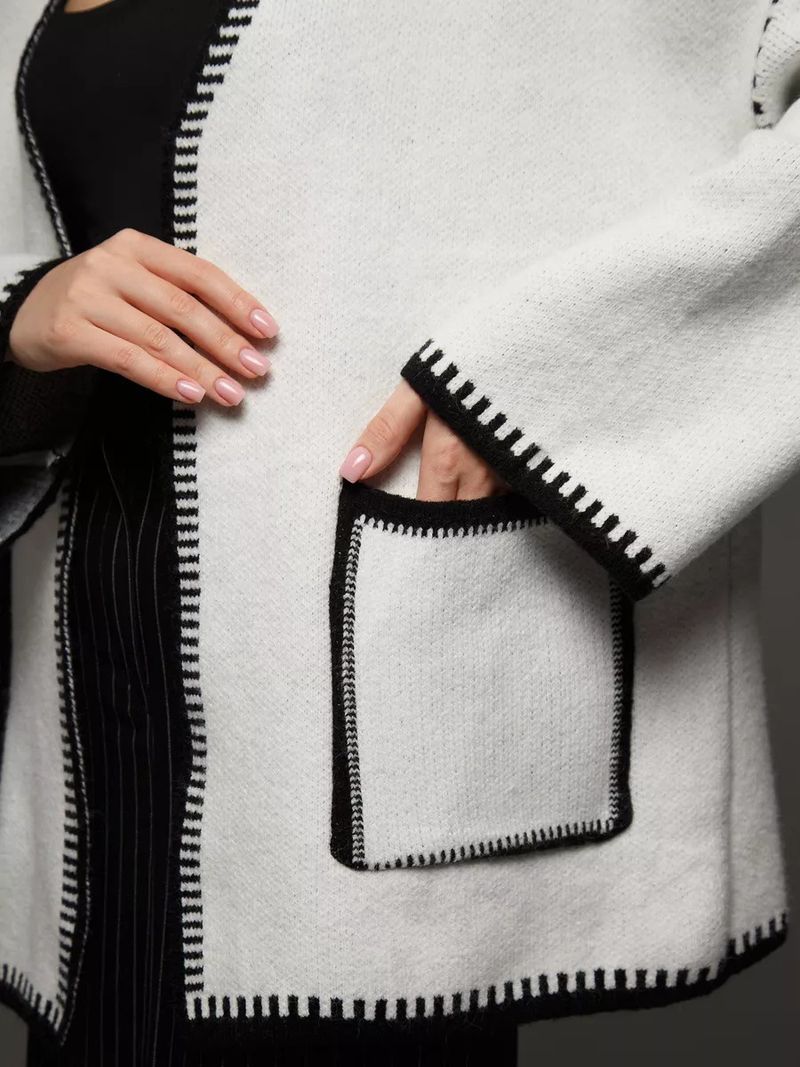 Elegant Belted Knit Cardigan - Oversized Longline V-Neck Sweater With Contrast Trim, Soft Lambswool Blend, Casual & Chic_voghion.com