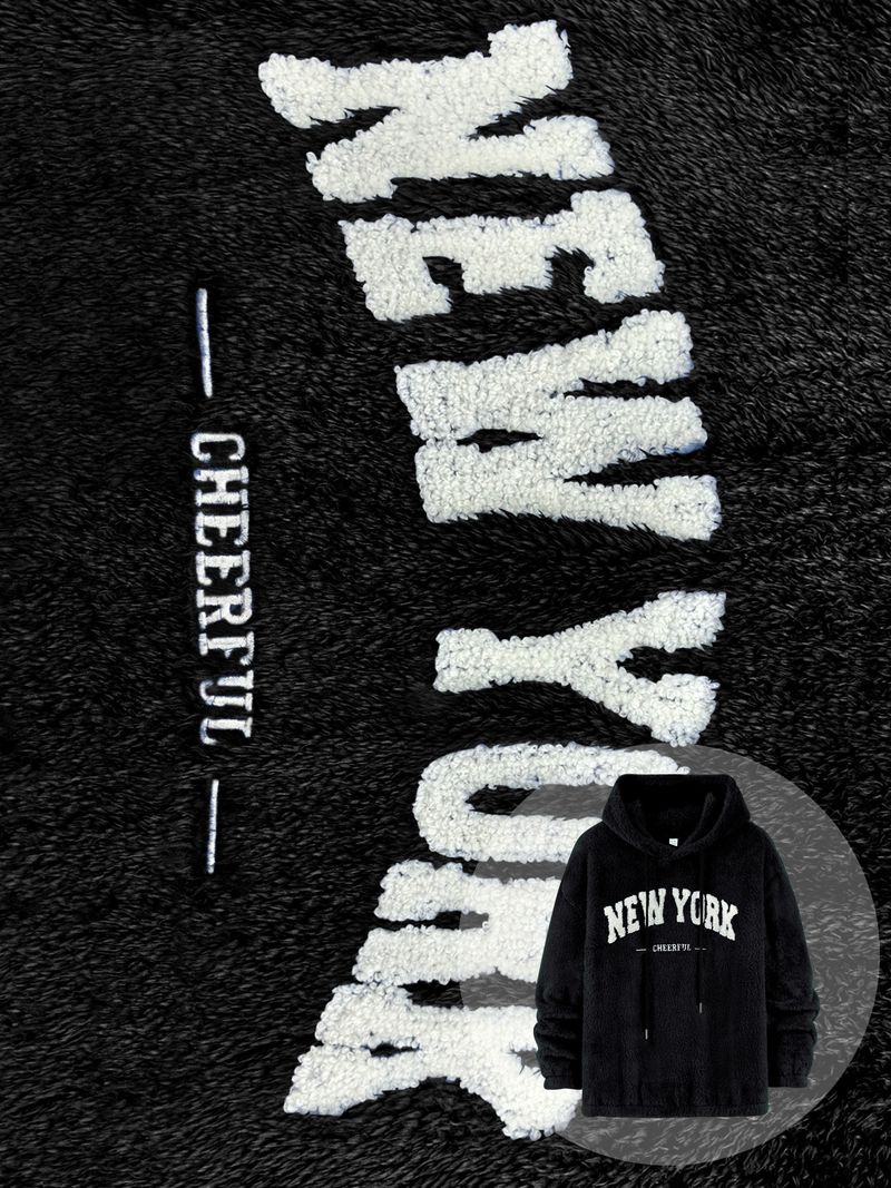 Felpa con cappuccio foderata in pile da uomo con stampa di lettere retrò – Pullover invernale spesso per abbigliamento casual_voghion.com