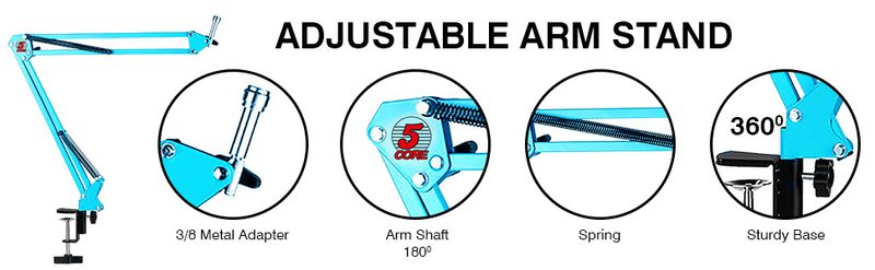 5 Core Mic Arm Adjustable Boom Microphone Stand Desk Mount Heavy Duty Brazo Para Microfono for Condenser Dynamic Mics - MS ARM BLU_voghion.com