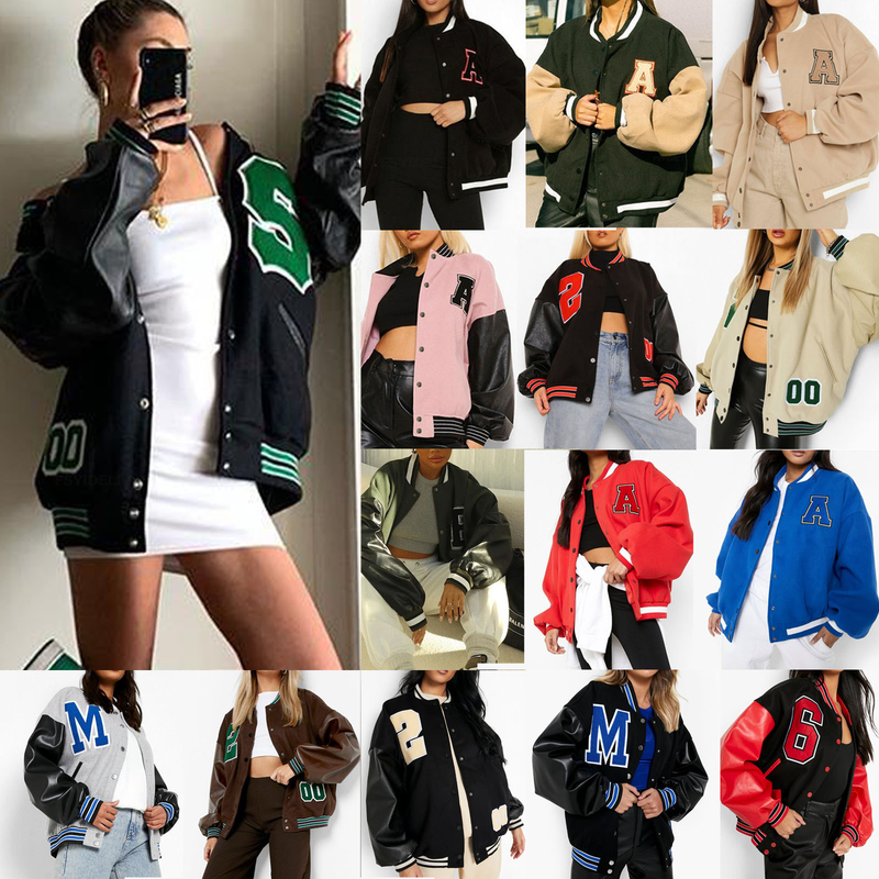 Chaqueta de béisbol engrosada de lana con letras para mujer_voghion.com