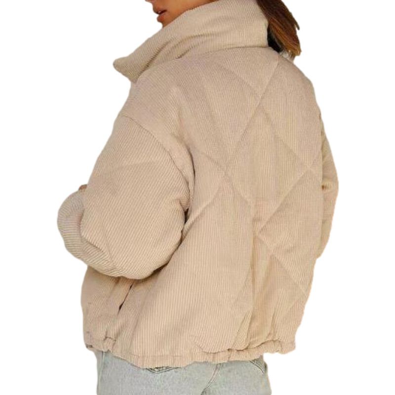 Giacca in velluto a coste con collo alto – Cappotto leggero in poliestere trapuntato con cerniera frontale (S-XXXL, beige)_voghion.com