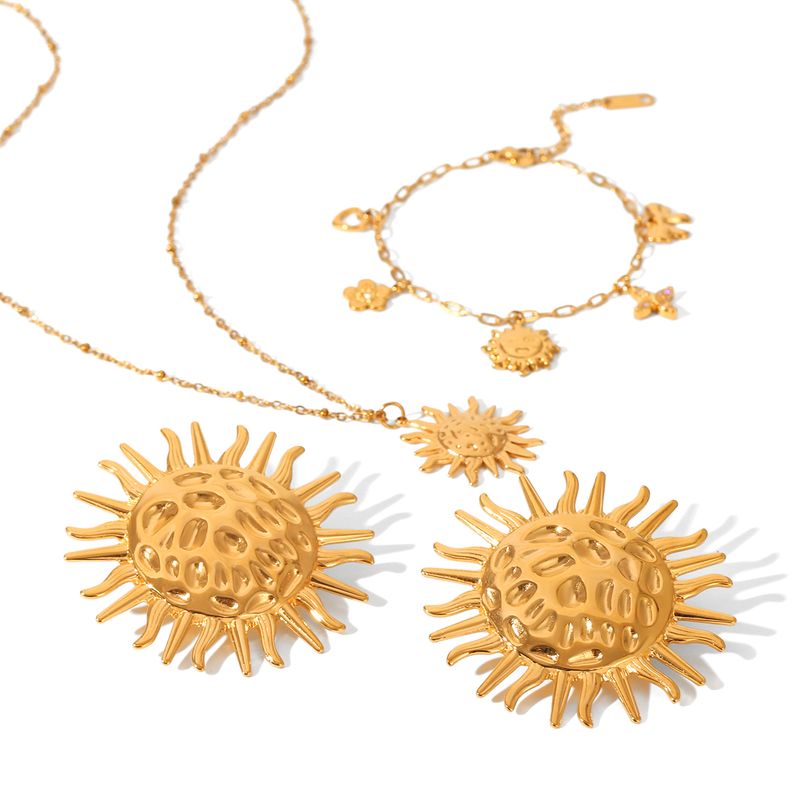 1Pc/4pcs Sun Pendant Necklace Bracelet Earring For Women, Stainless Steel Plated Gold Fashion Jewelry Accessories_voghion.com