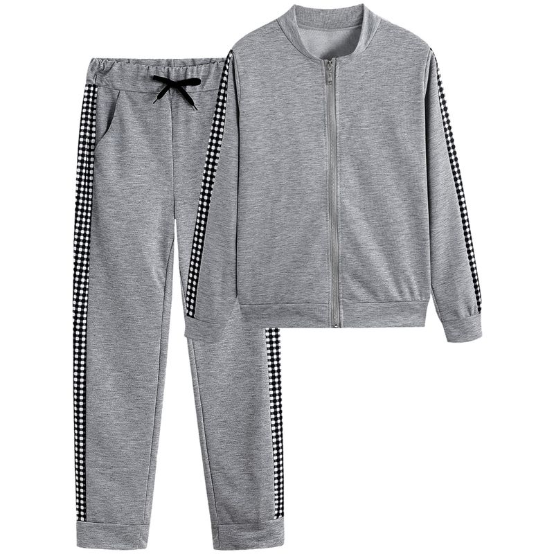 Damer långa sport Casual Zip Patchwork Rutig kostym_voghion.com
