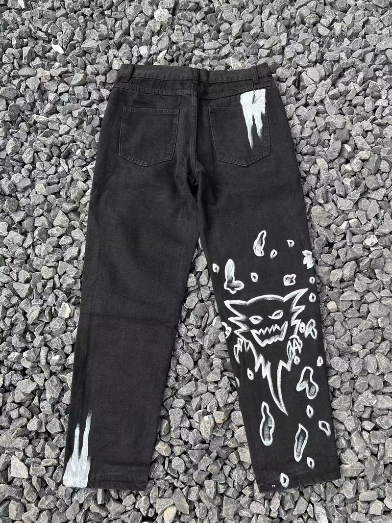 Herreklær High Street Tåke Personlig Trykt Brodert Jeans Hip Hop Trendy Svarte Flagrende Løse Bukser Trendy_voghion.com