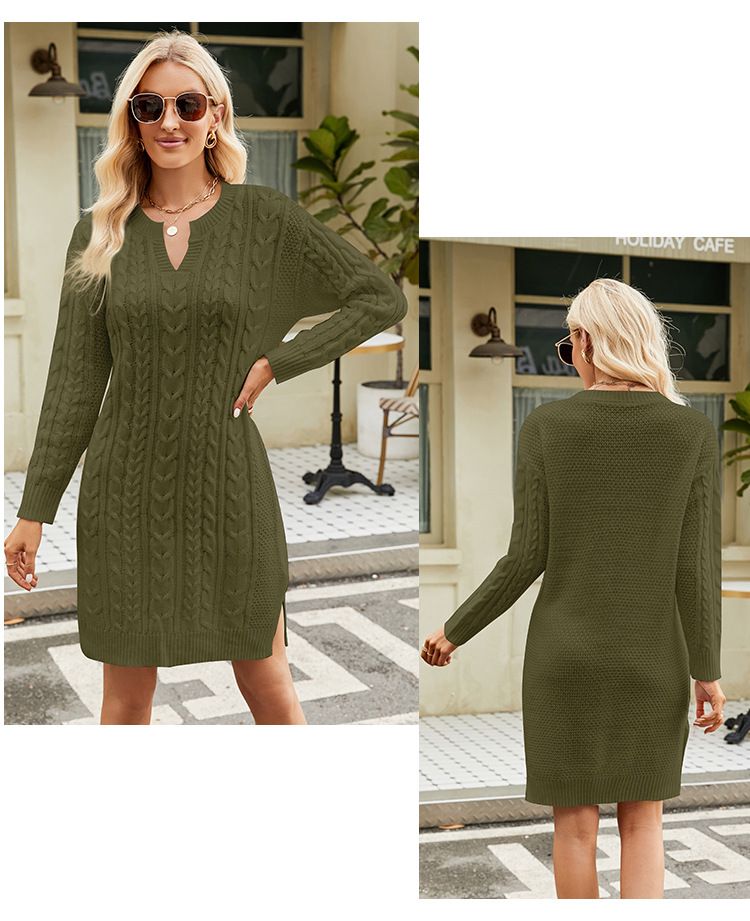 Damen-Strickkleid mit gedrehten Blumen, mittellang, einfarbig, Schlitz, lockeres Pullover-Pullover-Kleid für Damen_voghion.com