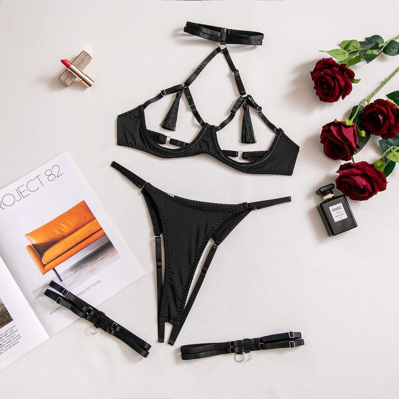 Ensemble de soutien-gorge noir 3 pièces pour femmes, ensemble de lingerie en maille transparente patchwork, ensemble de sous-vêtements sexy pour dames_voghion.com