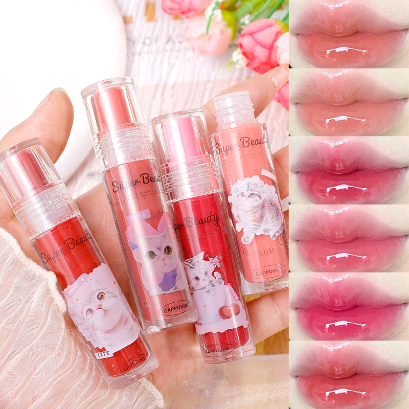 Simpatico gatto specchio acqua lucidalabbra trasparente gelatina labbra ghiacciaio impermeabile durevole rossetto liquido rosa nudo col_voghion.com