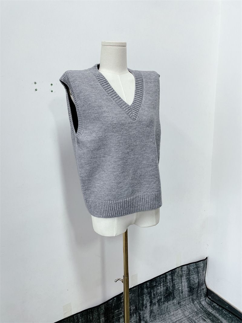 Nouveau pull-over en tricot ample sans manches à col en V pour femme, style universitaire, polyvalent_voghion.com