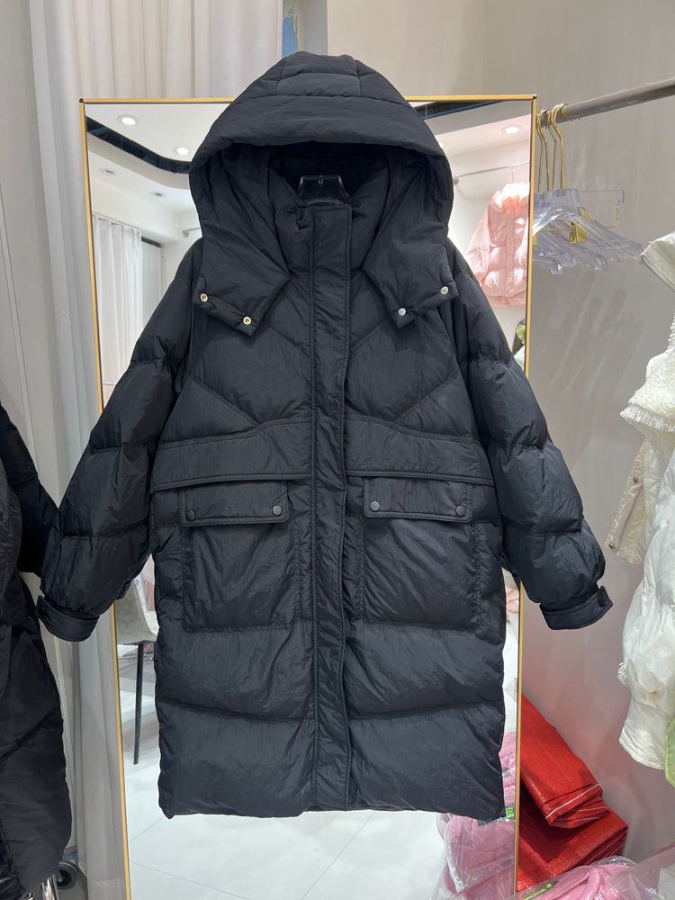 Neue Winterjacke für Damen, mittellanger, knielanger, weißer Daunenmantel mit Kapuze, locker geschnitten und warm._voghion.com