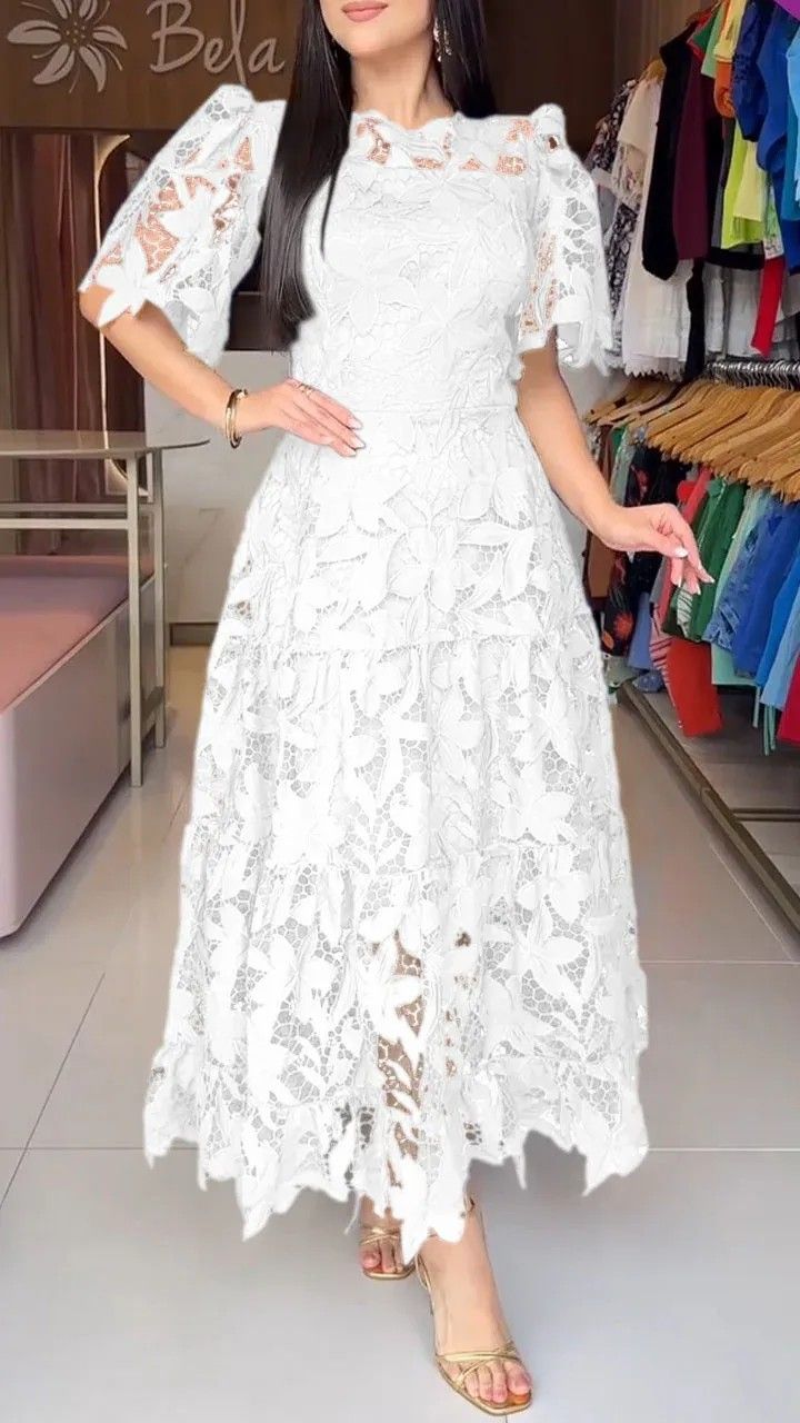 Vêtements pour femmes, nouvelle robe d'été en dentelle creuse à col rond pour femmes_voghion.com