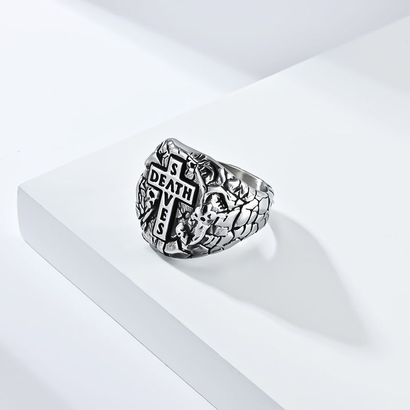 Retro style cross titanium steel ring ring stone pattern niche personality accessories_voghion.com