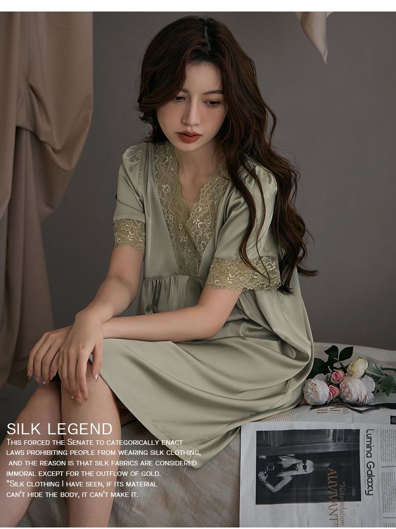 Women's Sleepwears Large Lace Nightdress Medium Length Ice Silk Short Sleeved Simple Large Size Nightdress Home Clothes_voghion.com